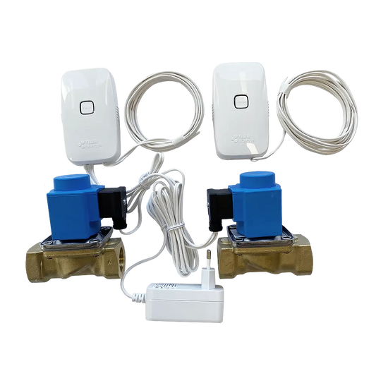 Läckagebrytare trådlöst, två ventiler 3/4", batteridriven sensor